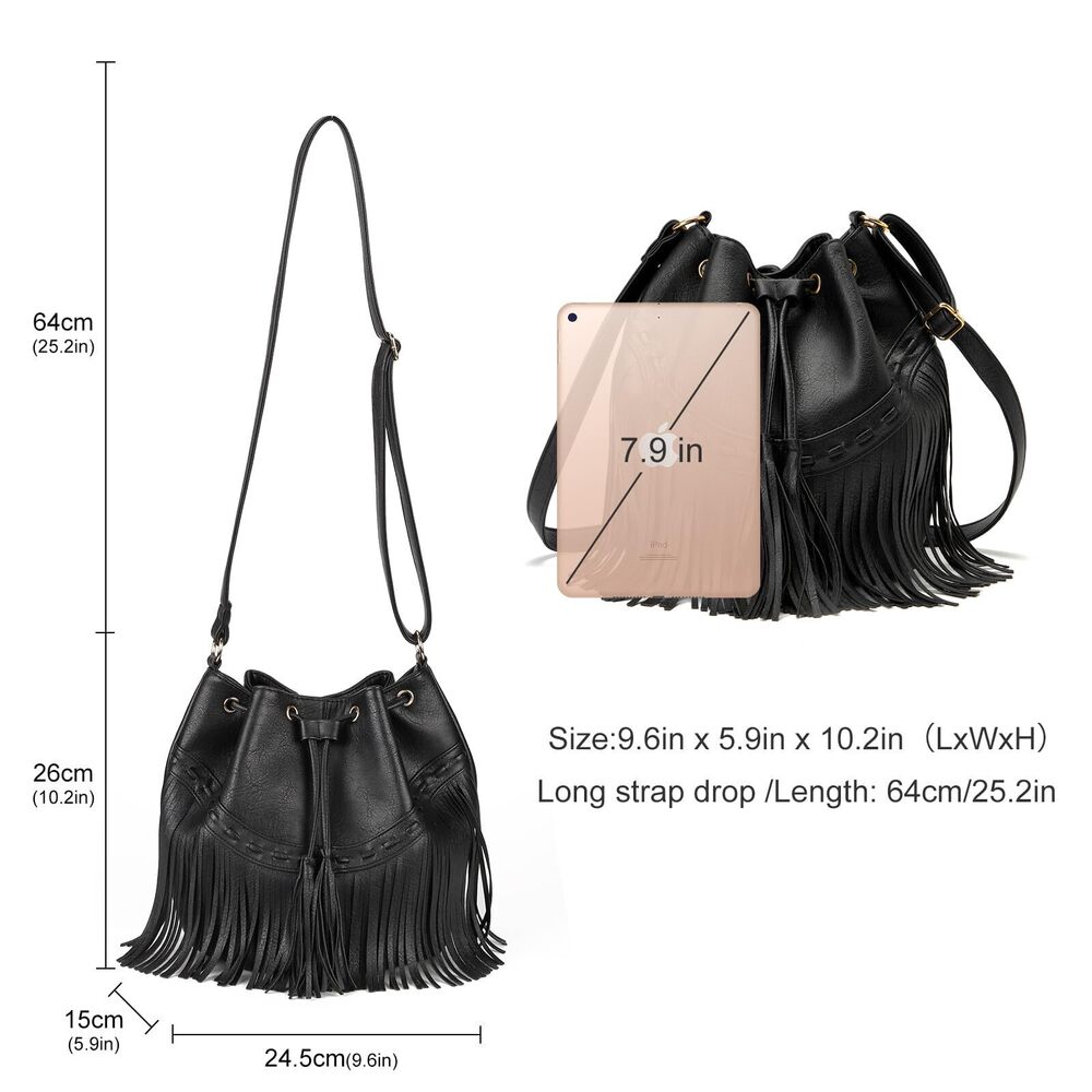 6916 Leather Bucket Bags Crossbody Fringe Purses with Drawstring Tassel - Picture 3 of 7